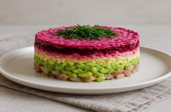 Herring under a fur coat with avocado